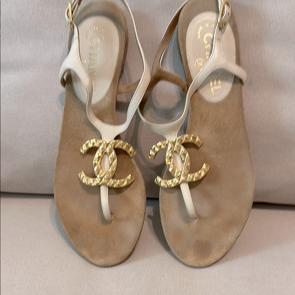 Chanel Gold and Ivory Leather Sandals